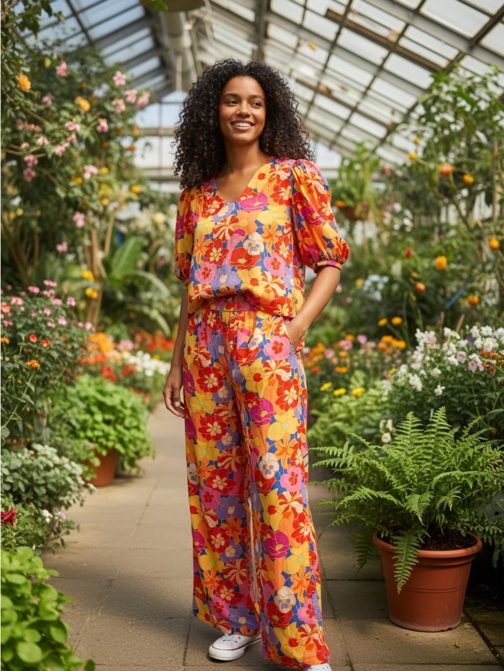 Bold Floral Wide-Leg Jumpsuit in Orange & Pink
